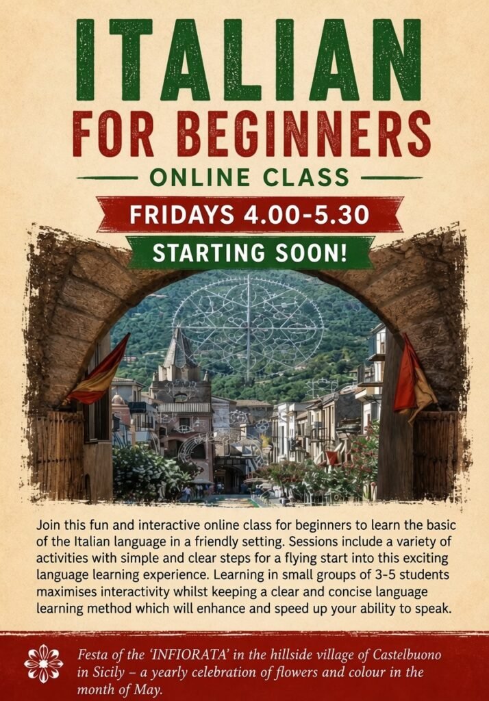 Italian for Beginners course poster — online class, Fridays 4:00–5:30pm, 10 weeks £150, small groups, starting 18 September
