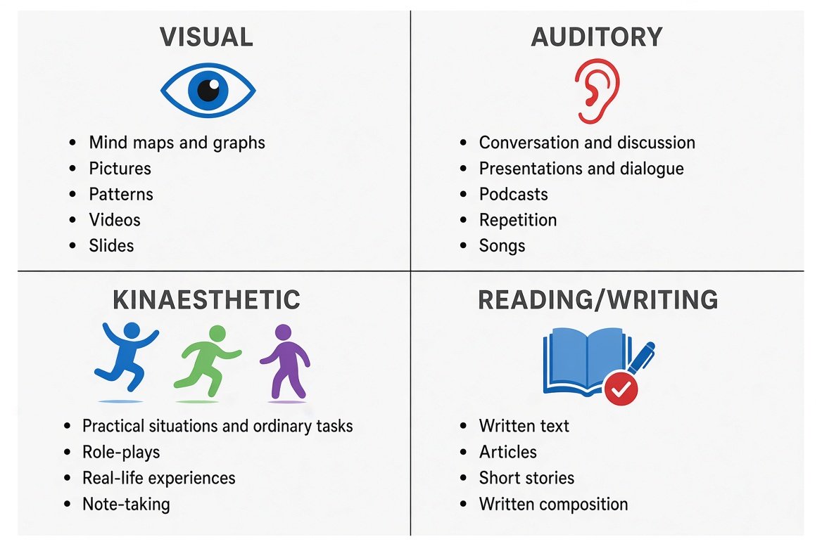 The four learning styles: visual, auditory, kinaesthetic and reading/writing
