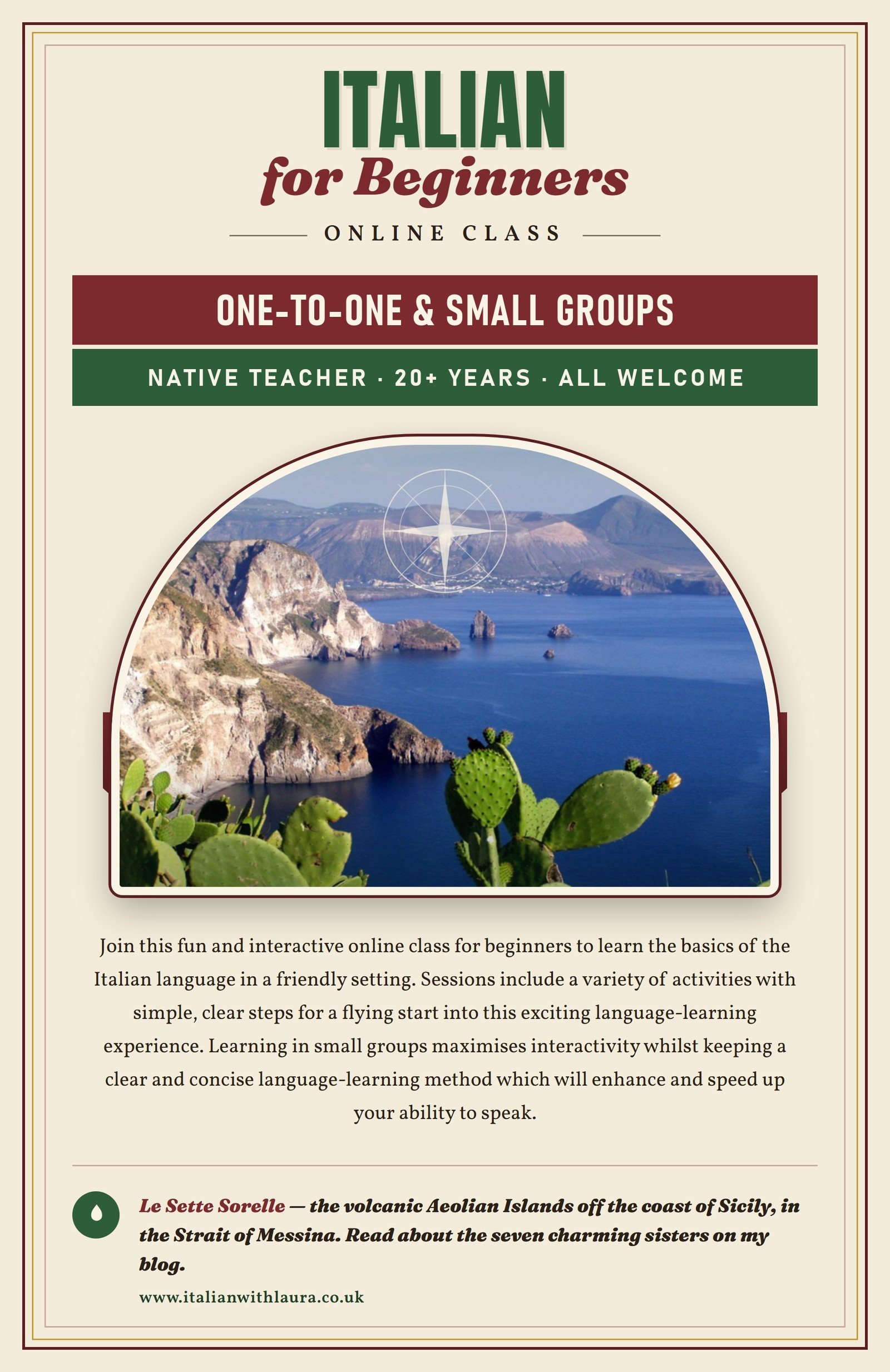 Italian for Beginners — small-group online classes poster